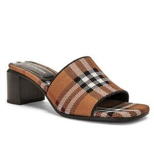 Burberry Wilma 55 Womens Heel Sandals Mules Birch Brown Check Size 37.5 / US 7.5